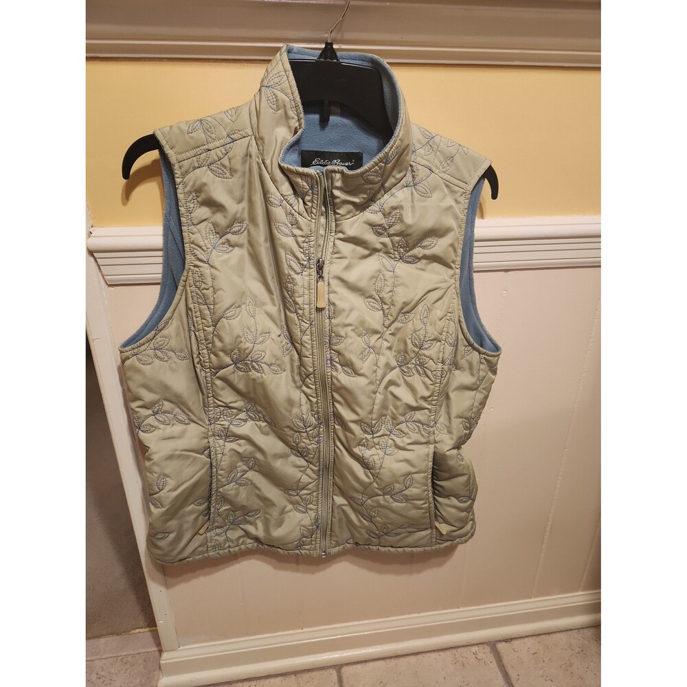 Eddie Bauer Women's Green Quilted Vest w/ Blue Floral Design Size L